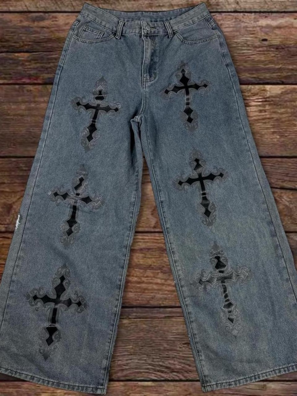 ROMWE Gray Wide-Leg Jeans with Cross Cutout Details